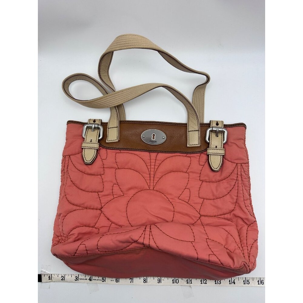 Fossil Keyper Purse Quilted Coral Leather Trim Handbag Tote Bag Orange